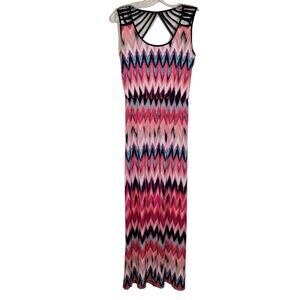 Trixxi Women's Chevron Maxi Dress Elastic Waist Scoop Neck Multicolor Size Large